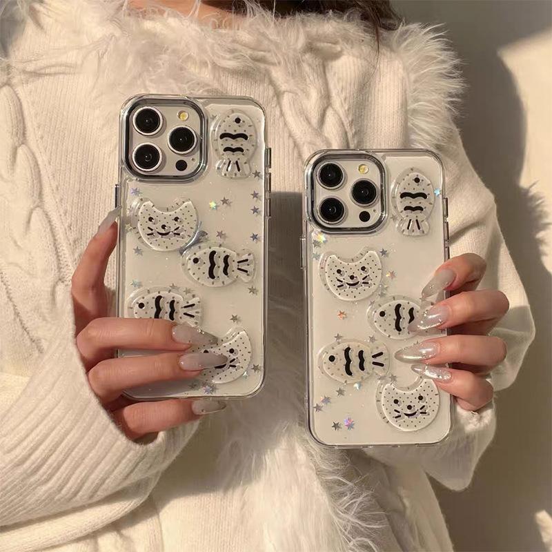 For Apple 16 Promax Phone Case for IPhone 17 Minimalist 14 Fine Glitter 13 Transparent Star Cat Fish