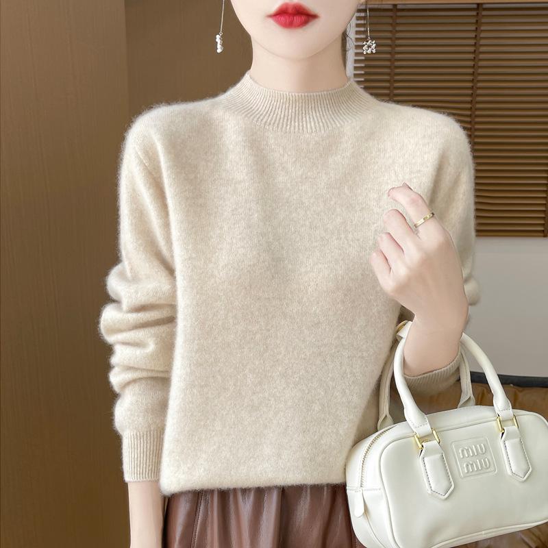 Autumn and Winter Women's Half High Neck Warm Sweater Knitted Pullover Sweater