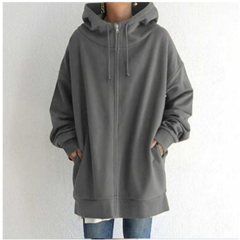 2025 Autumn Winter Women's Oversized Zip Hoodie, Stand Collar Plush Lined Long Hooded Coat for Streetwear