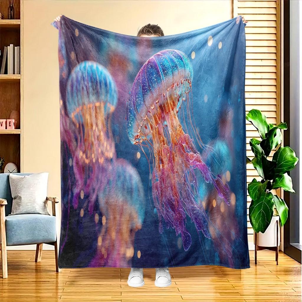 A Jellyfish-Themed Flannel Blanket with High-Definition Digital Printing, Suitable for All Seasons, Perfect As a Sofa Throw, Made of 100% Soft And Ski