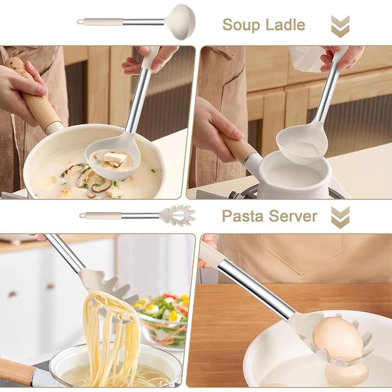 Silicone Pasta Fork and Ladle Spoon Set Large Nonstick Kitchen Utensils with Stainless Steel Handle For Cooking Draining JT594