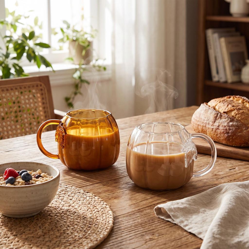 Tazza in Vetro a Forma di Zucca con Manico per Cucina di Casa, Tè e Caffè