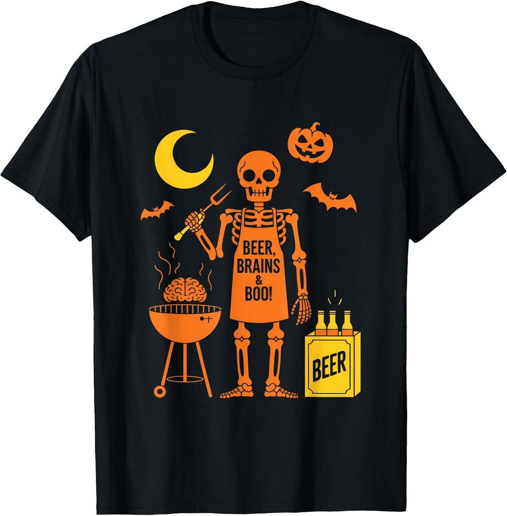 Spooky Skeleton BBQ Beer Lovers Halloween T-Shirt for Enthusiasts