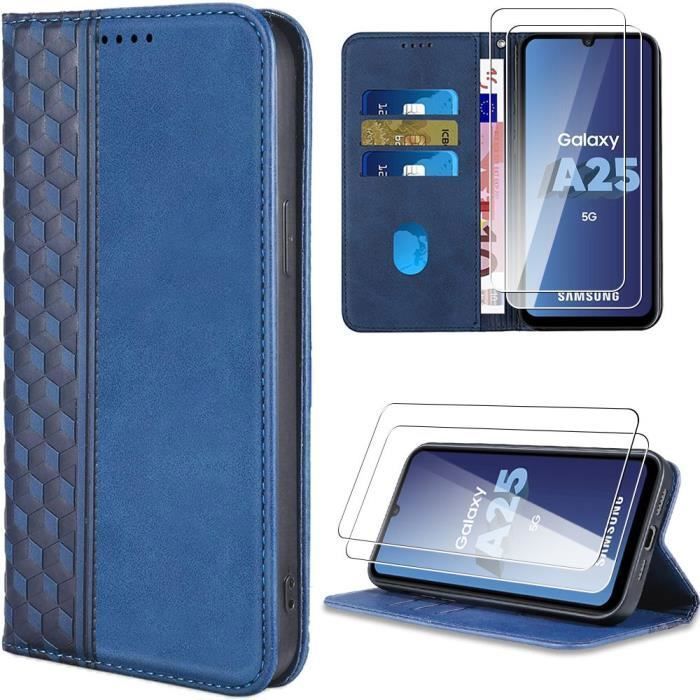 Coque pour Samsung Galaxy A25 5G, Bleu Marine, Antichoc Effet Cuir à Motif de Losanges 3D avec Porte-cartes + 2 Verres Trempés