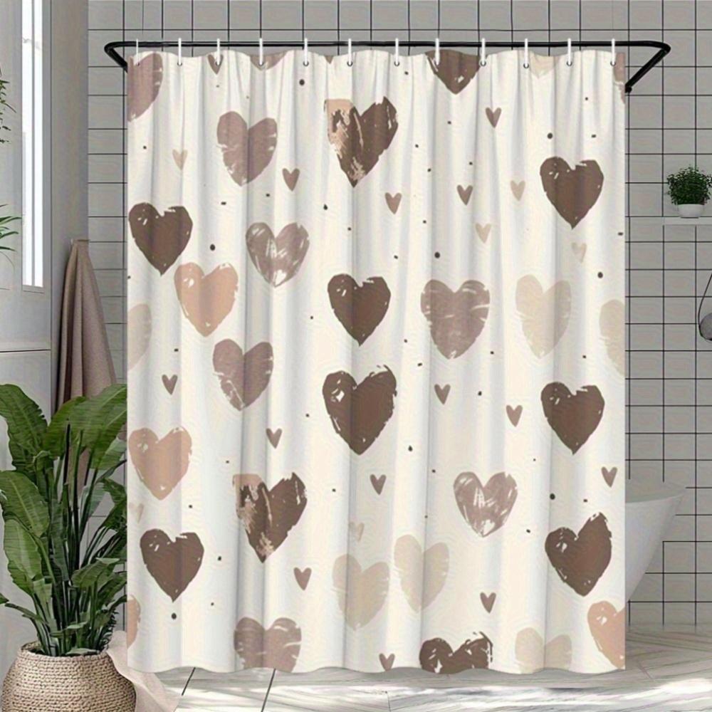 1pc Hand-painted heart pattern shower curtain, polyester fabric, with hooks, machine washable, suitable for bathroom décor.