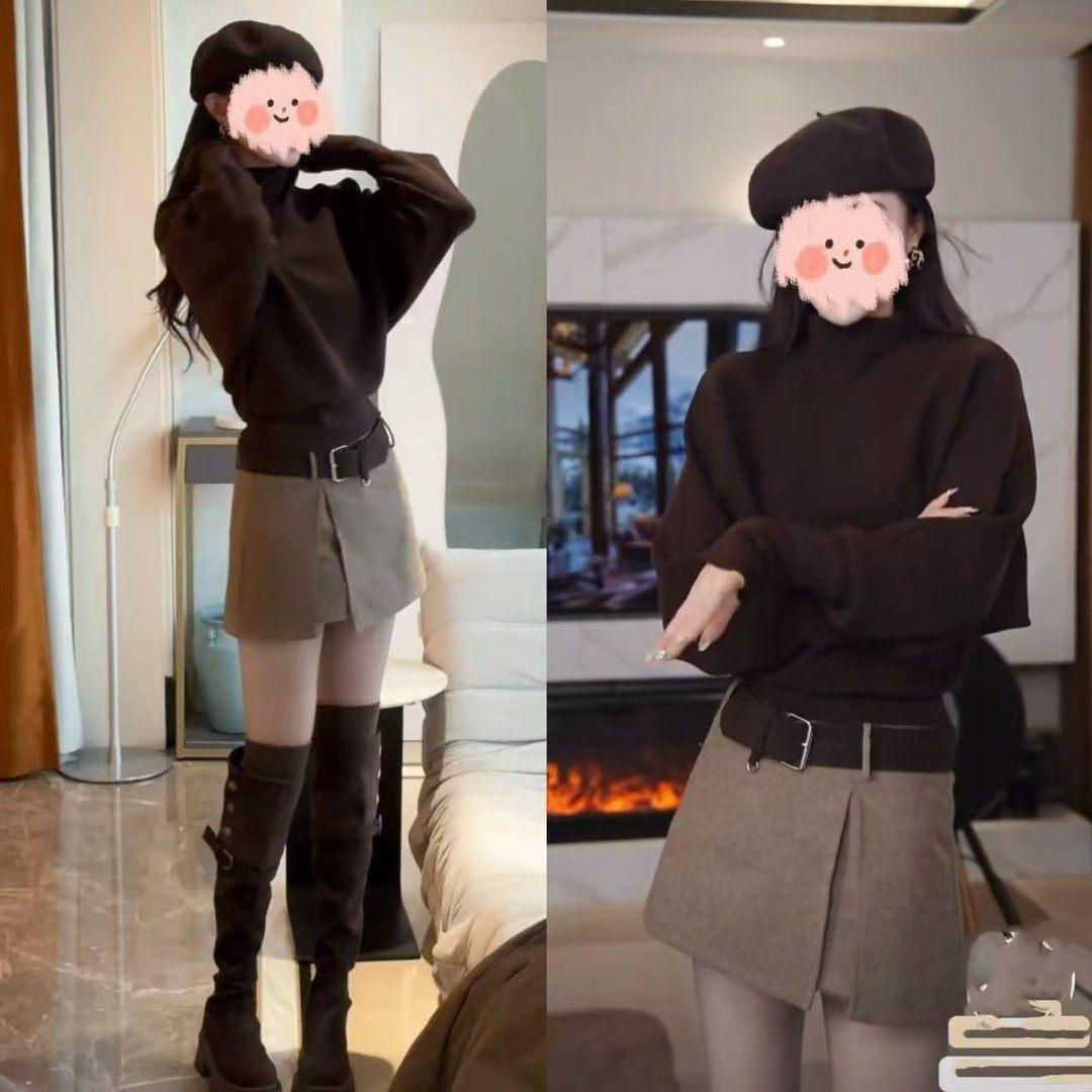 

Versatile High Neck Wool Blend Set: Batwing Sleeve Top & Slim Waist Half Skirt Pants M
