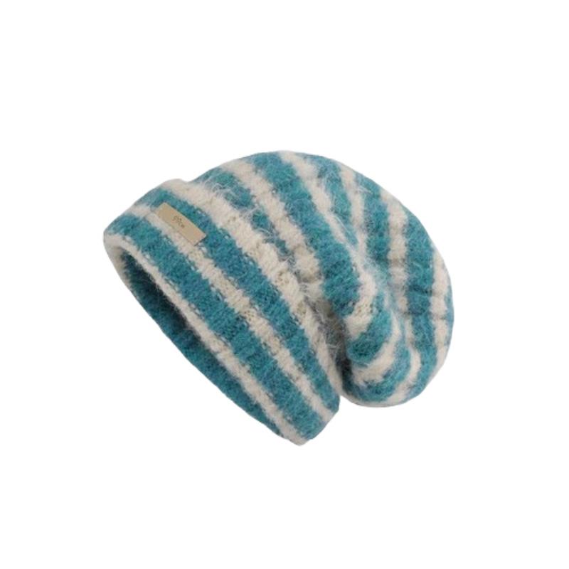 Color-blocked Striped Woolen Hat for Women, Autumn and Winter, Japanese Style, Loose, Warm, Ear-protecting, Slouchy Knit Hat for Large Head