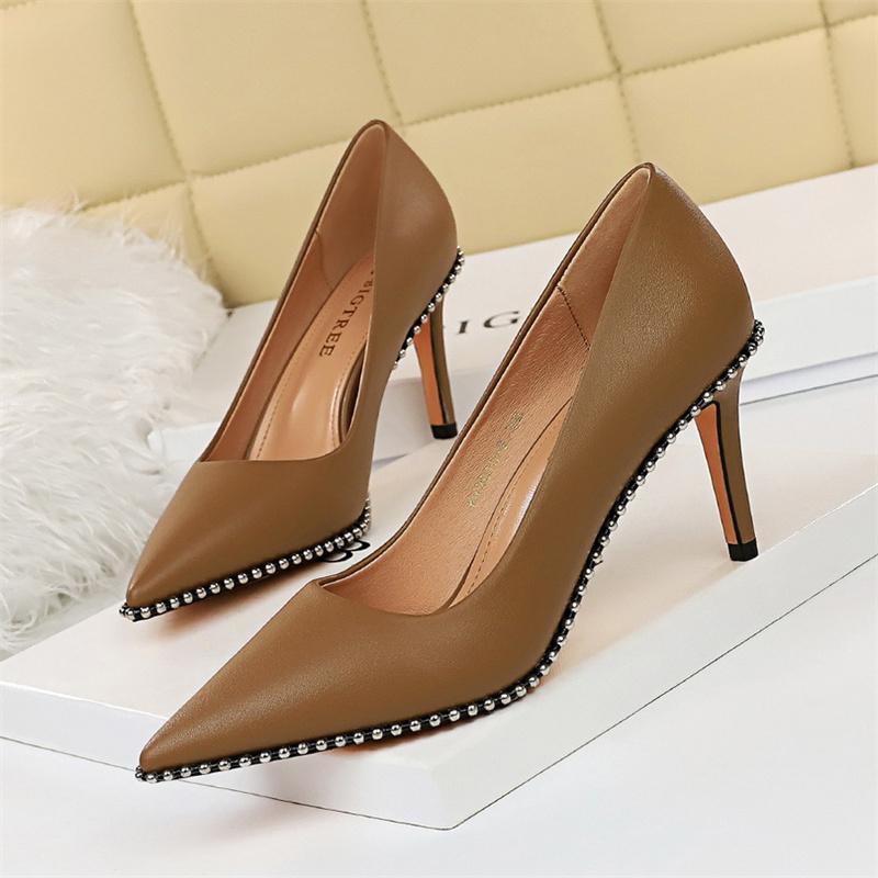 Fashion Summer Shallow Mouth Pointed Toe Rivets String Bead Women Pumps Thin High Heels Elegant Office Leather Party Single Shoes