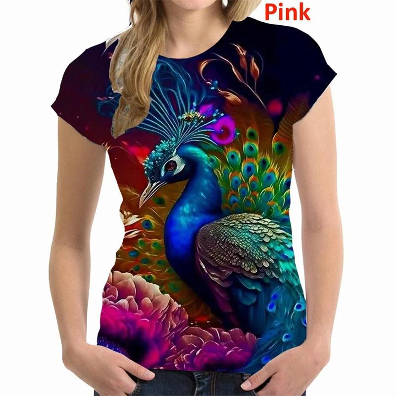 Peacock Pattern T-Shirt For Women Colorful Animal 3D Printed T Shirts Summer Casual Loose Tees Short Sleeves Round Neck Tops