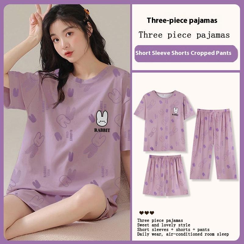 Women's Three-piece Pajamas, Women's Students Short-sleeved Recreational Sports, Spring and Summer Loose Pajamas