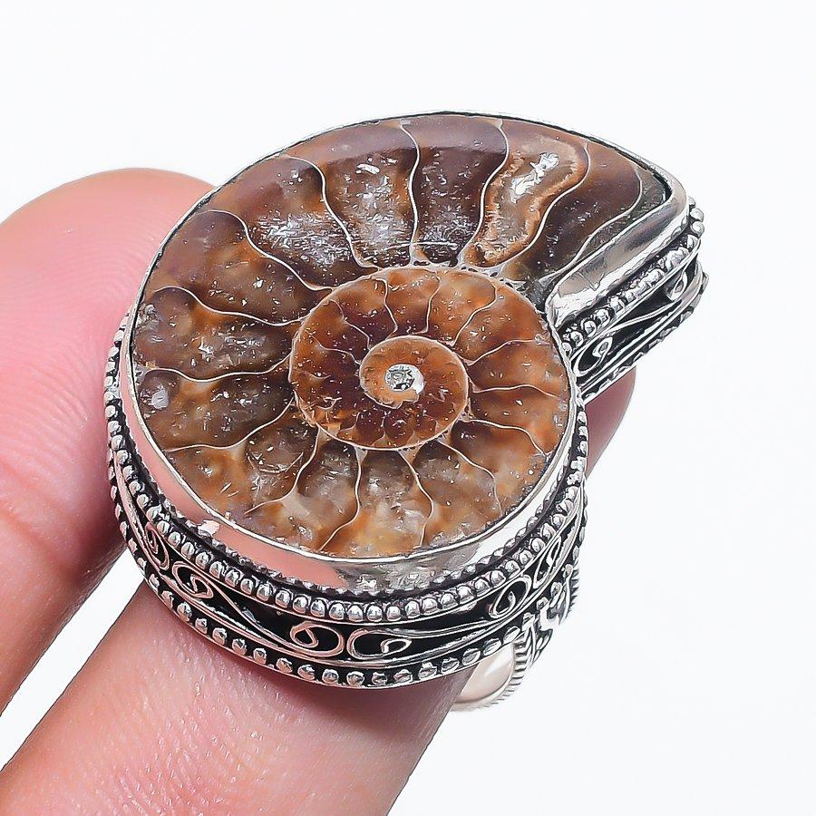 Natural Ammonite Fossil Gemstone 925 Sterling Silver Jewelry Ring Size 10 S9J19