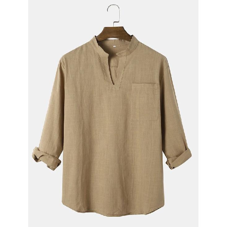 

Men s Casual V-Neck Solid Color Long Sleeved Shirt Base T-Shirt For Men S коричневый