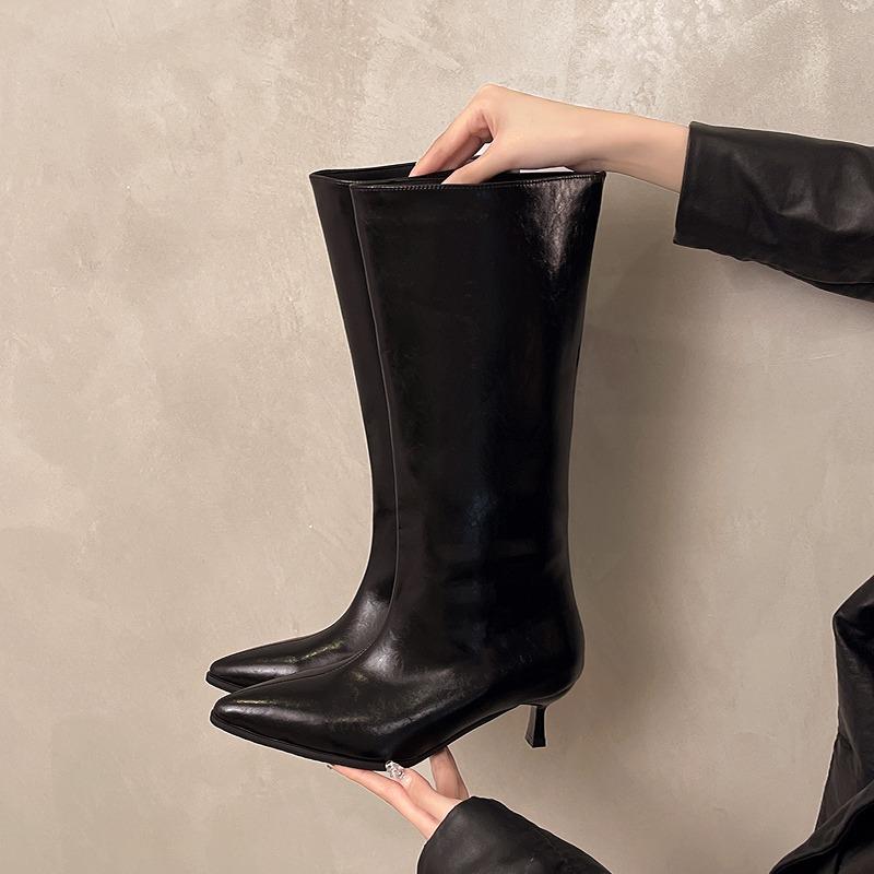 Minimalist Retro Stiletto Mid-Leg Boots Women'S  New Fashionable Pointed Toe Wide-Leg Spring And Autumn Single Boots