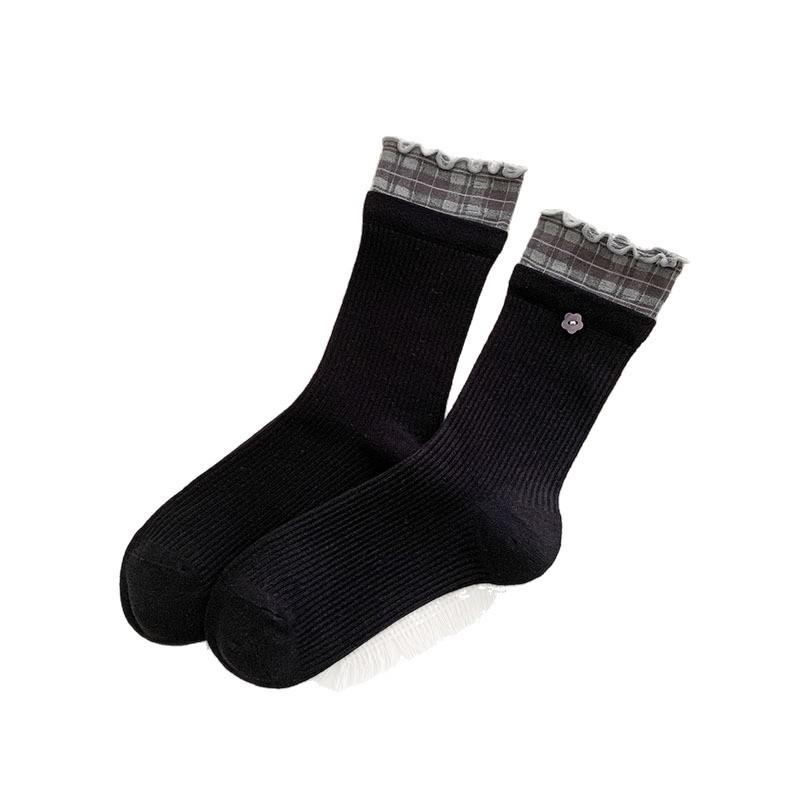 Ins-Style Double-Ribbed Plaid and Lace Mid-Calf Socks for Women - Korean Style, Perfect with Leather Shoes, Slouchy Fit