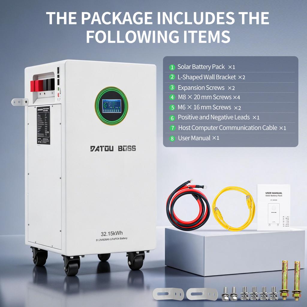 DATOUBOSS 32.15kWh 51.2V 628Ah Μπαταρία Ηλιακής Ενέργειας LiFePO4, 8000 Κύκλοι, 300A BMS, Οθόνη LCD Αφής 5 ιντσών, RS485 CAN, Στήριξη σε Τοίχο Αποθήκευση Ενέργειας Σπιτιού