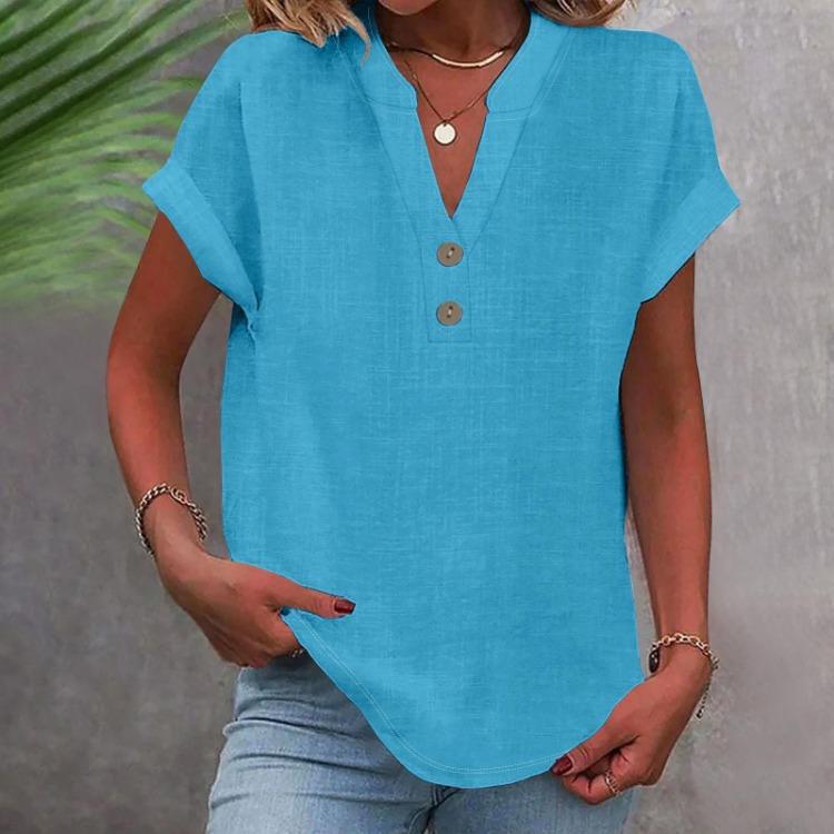Women Casual V Neck Short Sleeve Button Down Shirt Solid Color T Shirt Top Fashion