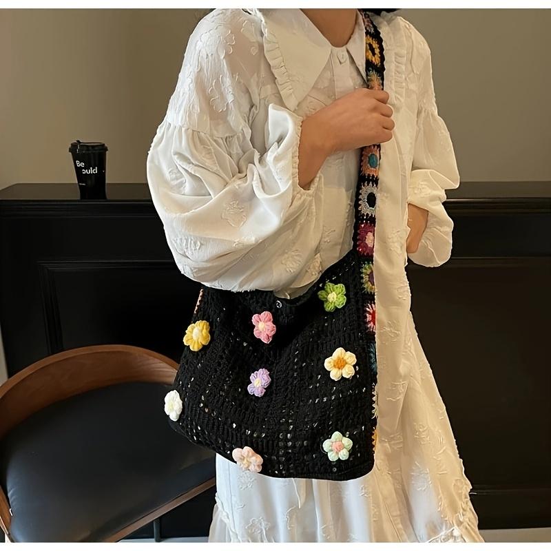 1pc Bohemian Vintage Crochet Floral Crossbody Bag - Beige Fabric, Adjustable Strap, Hand Wash Only, Casual Daily Wallet, Floral Crossbody