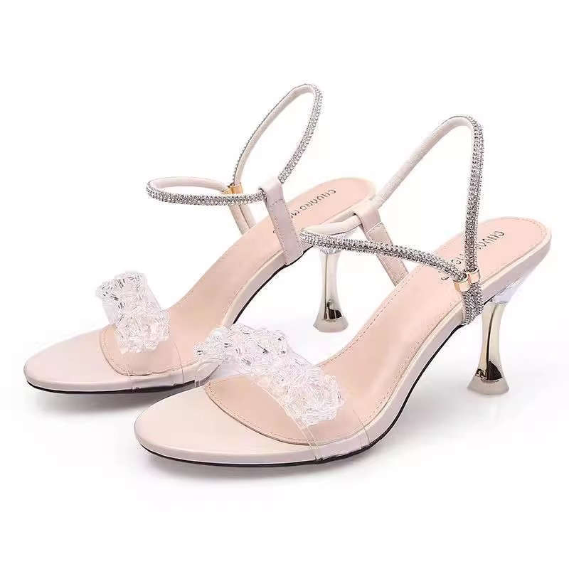This Year's New Sandals Women's Summer Medium Heel Crystal Heel High Heel Thick Heel Summer Two Wear Rhinestones Outside Cool Slippers