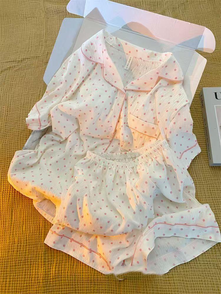 

Full of polka dots, selected simple pajamas, women s summer short-sleeved shorts, beautiful girls loungewear suits can be worn outside XXL