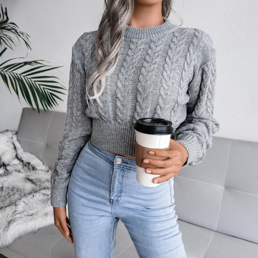Autumn New Style Floral Ribbed Crop Knit Sweater Women's Clothing
