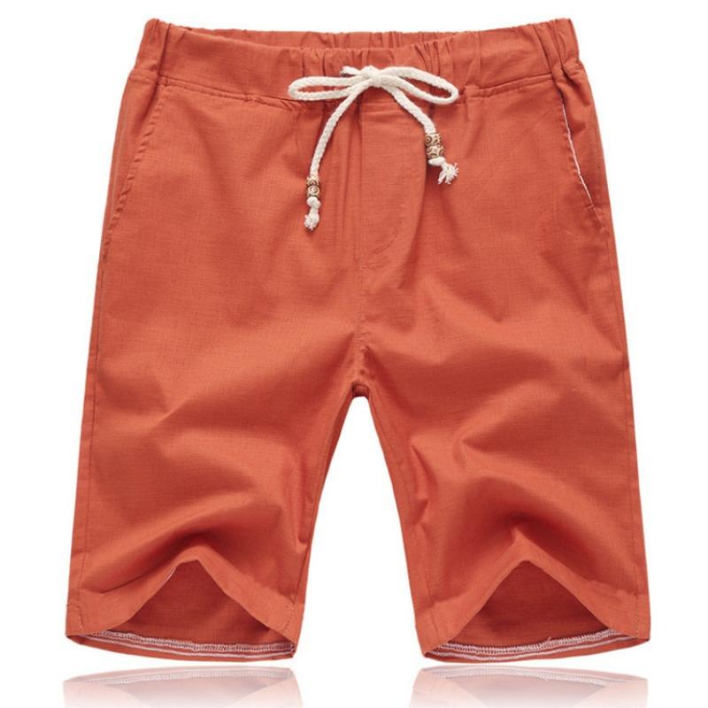 Herren Leinen Baumwolle Kordelzug Taille Gerade Beine Freizeitshorts