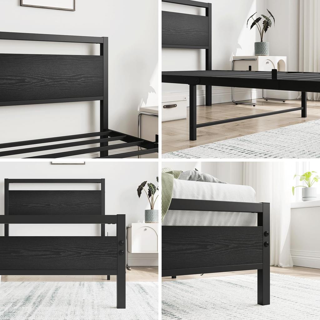 Bed Frame 90x200 Cm Made of Metal & Wood – Stable Single Bed with Slatted Frame & Storage, Guest Bed/Youth Bed