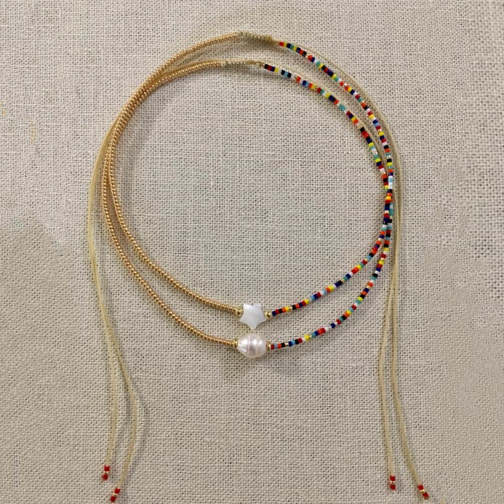 

Vlen Half Gold Color Half Colorful Beaded Necklace Natural Pearl Star Adjustable Cord Boho Jewelry Gift for Women Trendy звезда