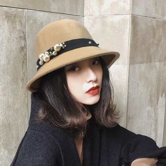 Top Hat British Style Faux Pearl Decor Down Brim Sunshading Round Top Decorate Retro Vintage Women Cloche Hat for Church