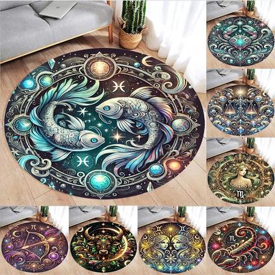 Zodiac Print Round Rugs Kids Room Floor Mats Non-Slip Living Room Rugs Washable Flannel Carpet for Home Decor Mat