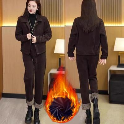 2 Pcs/Set Women Coat Pants Set Thick Plush Lined Single-breasted Turn-down Collar Long Sleeve Jacket Drawstring Elastic Waist Pantsuit Winter