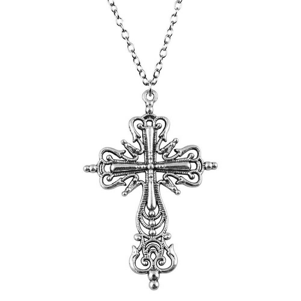 Ornate Cross Pendant Necklace Gothic Religious Christian Statement Jewelry 45cm or 70cm Long Chain