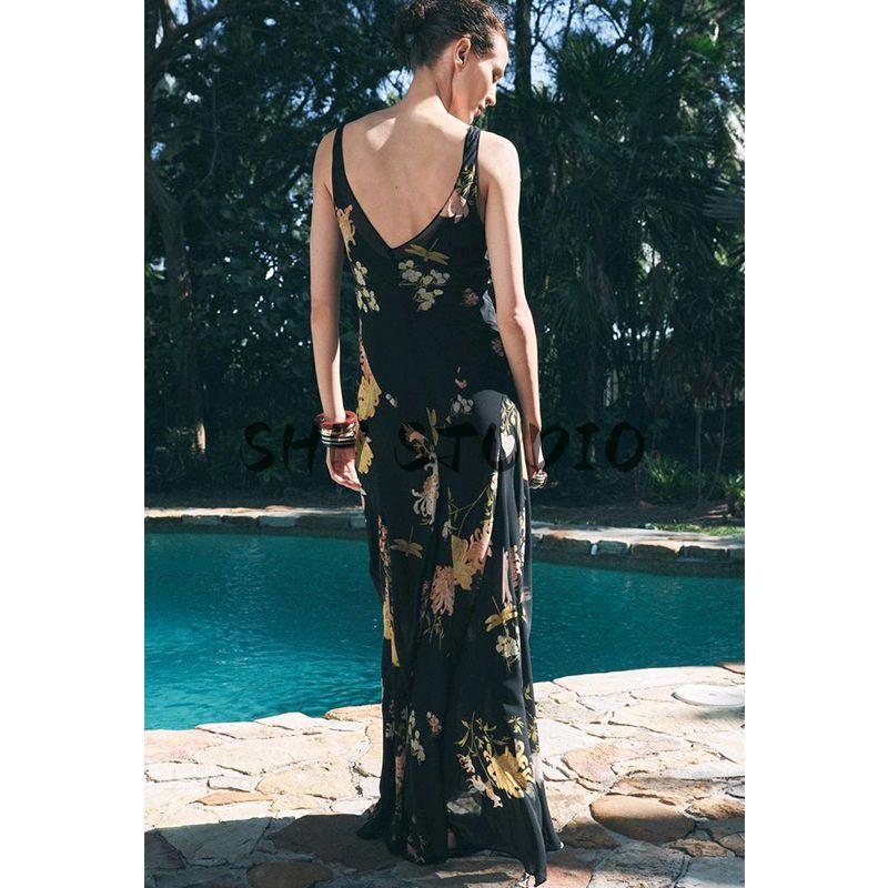 Spring and Summer New Women's Clothing Vacation Style Contrast Color Flower Printing Decoration Sleeveless V-neck Length Dress 2718100