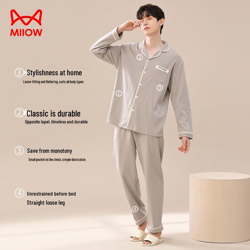 MIIOW Herren Baumwolle Langarm Knopfleiste Pyjama Set