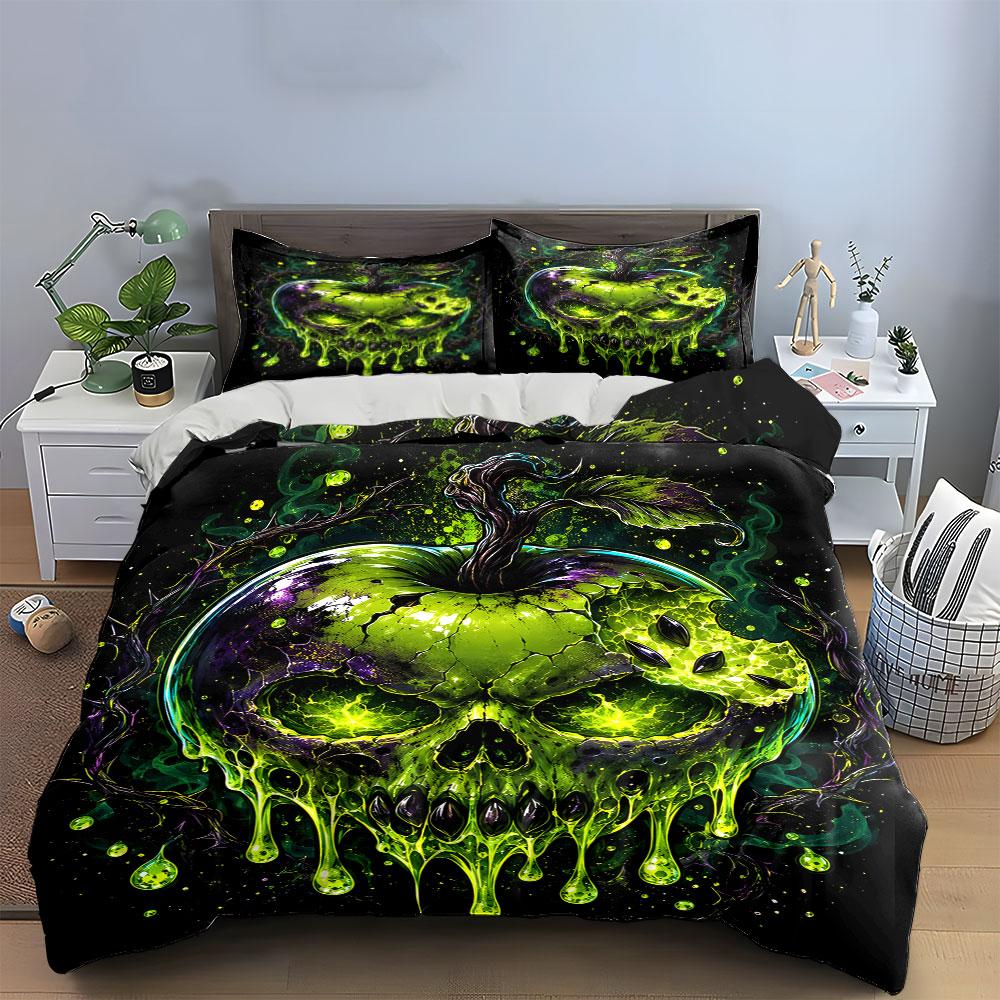 "Green Glowing Skull Apple Art" Bedding Duvet Cover Set  (1*Duvet Cover 2*Pillowcases, without duvet insert)