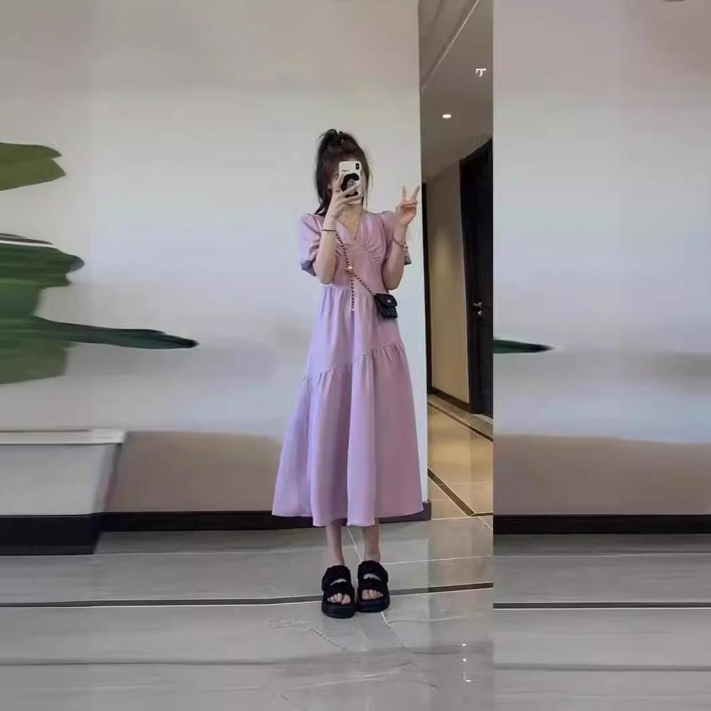 Damen High-End Lila Petite Puffärmel Langes Kleid für den frühen Frühling