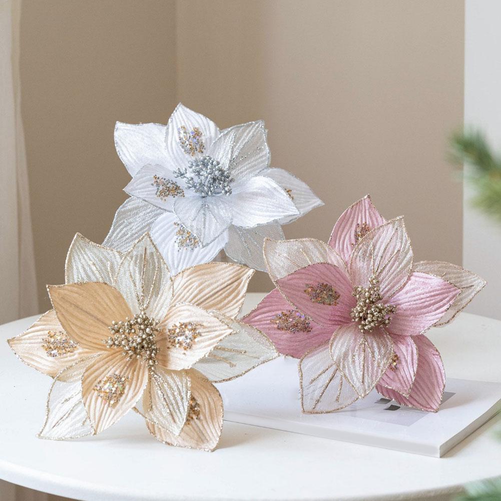 Artificial Magnolia Flowers Christmas Ornaments Glitter Decorations