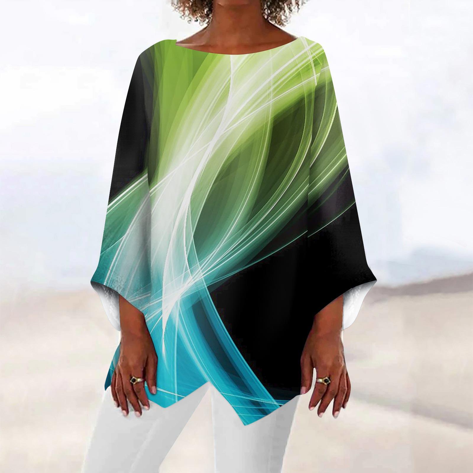 

Women s Fashion Retro Print Round Neck Nine Quarter Sleeve Irregular Hem T-shirt Top XXXXL циан
