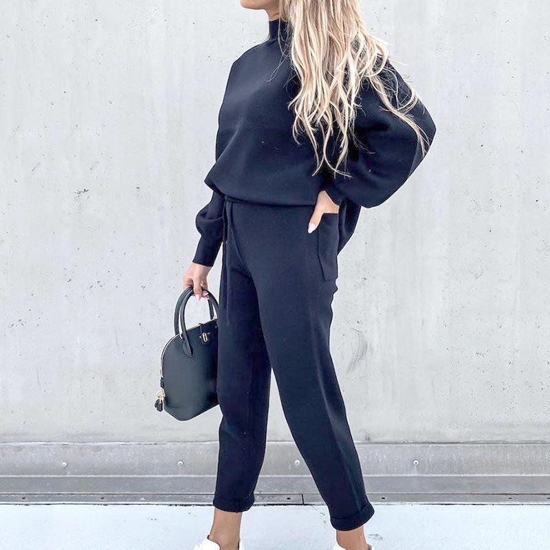 2021 Winter Women's High Neck Casual Loose Solid Hoodie & Trousers Two-Piece Set