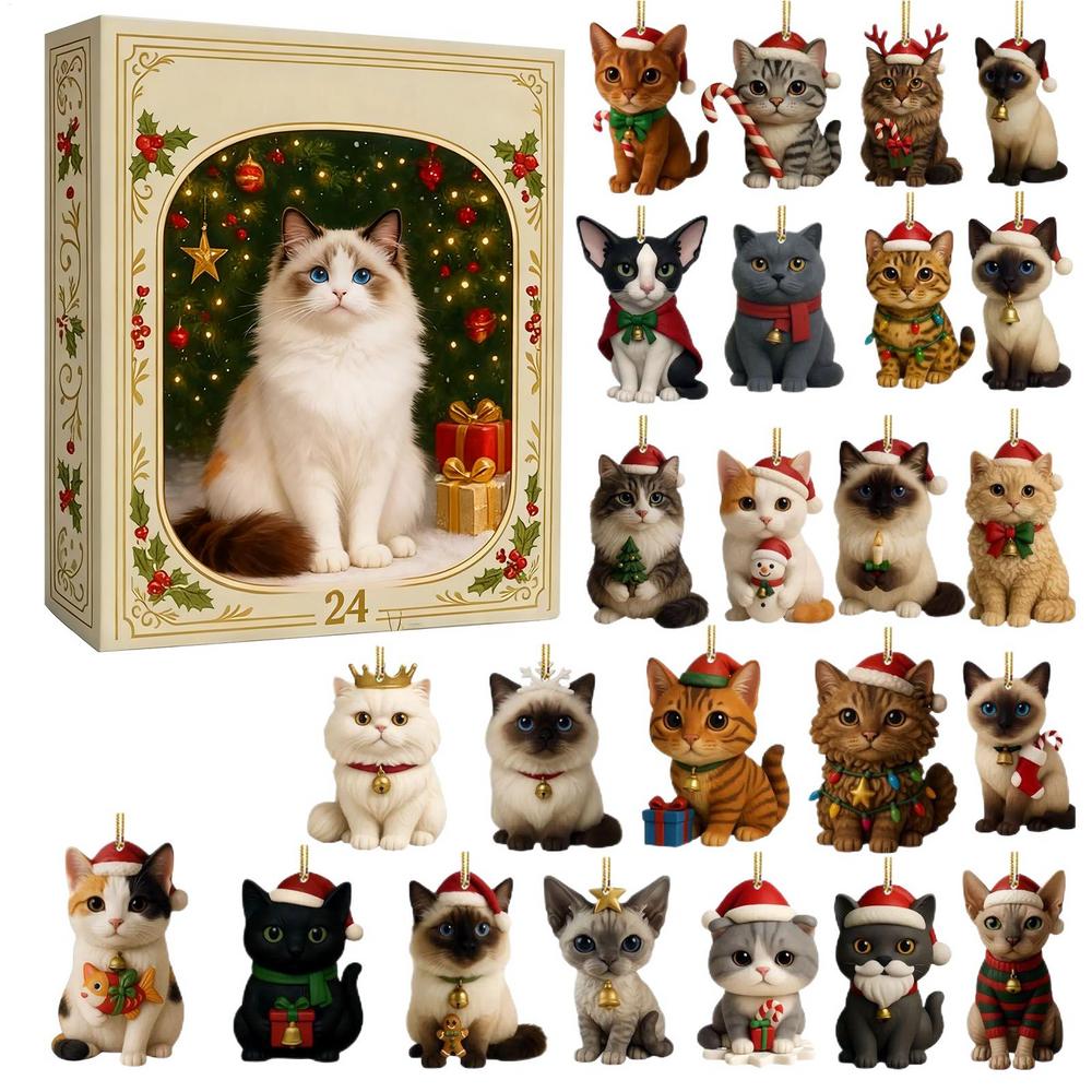 2025 Christmas Advent Calendar 24 Days Cat Pendants 2D Acrylic Hanging Ornaments for Cat Lovers Home Christmas Tree Decorations