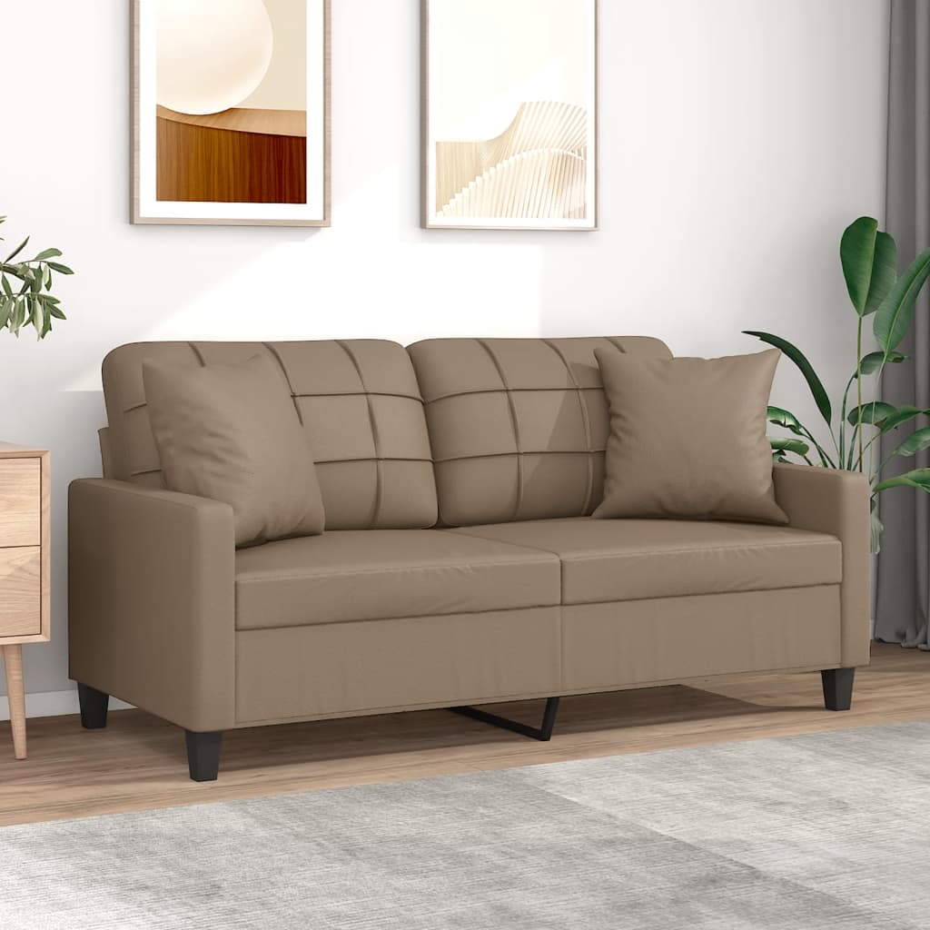 2 Seater Sofa with Decorative Cushions Cappuccino Brown 140 Cm Faux Leather