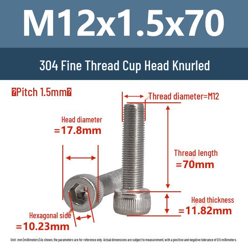 Yigu Fine Thread Knurled Socket Head Screws, 304 Stainless Steel, M3-M12