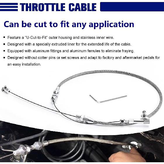 24" Univeral Throttle Cable Kit Stainless Steel Braided Adjustable Automotive Accelerator Cable Covering Locking Kit