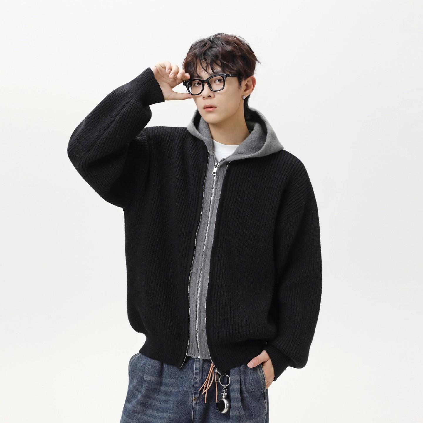 Unisex Two-in-One Patchwork Knit Hoodie Jacket - Autumn/Winter Loose Fit Sweater Extra Large
