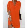 Women's Pleated V Neck Batwing Sleeve Loose Fit Solid Color Casual Tunic Midi Dress