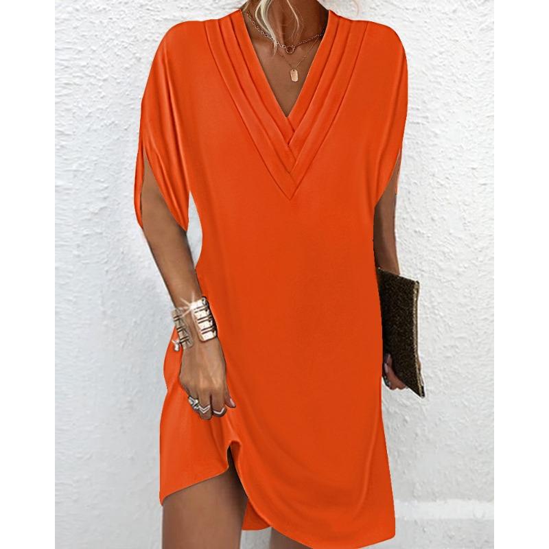 Women's Pleated V Neck Batwing Sleeve Loose Fit Solid Color Casual Tunic Midi Dress