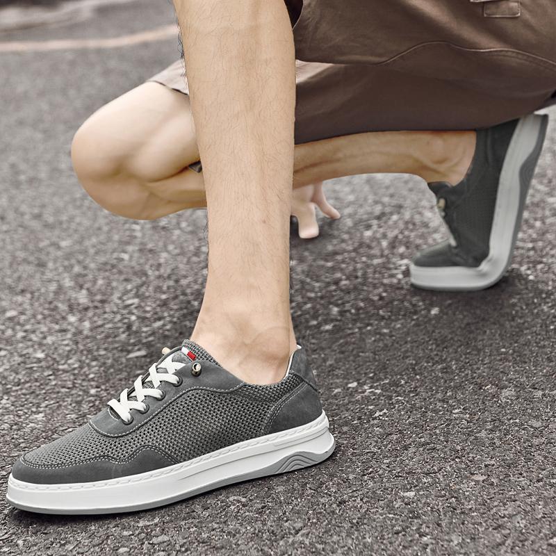 Fashion New Breathable Men Walk Casual Shoes Genuine Leather + Mesh Outdoor Mens Sneakers Shoes Lightweight Flats Soft Sole Travel Shoes