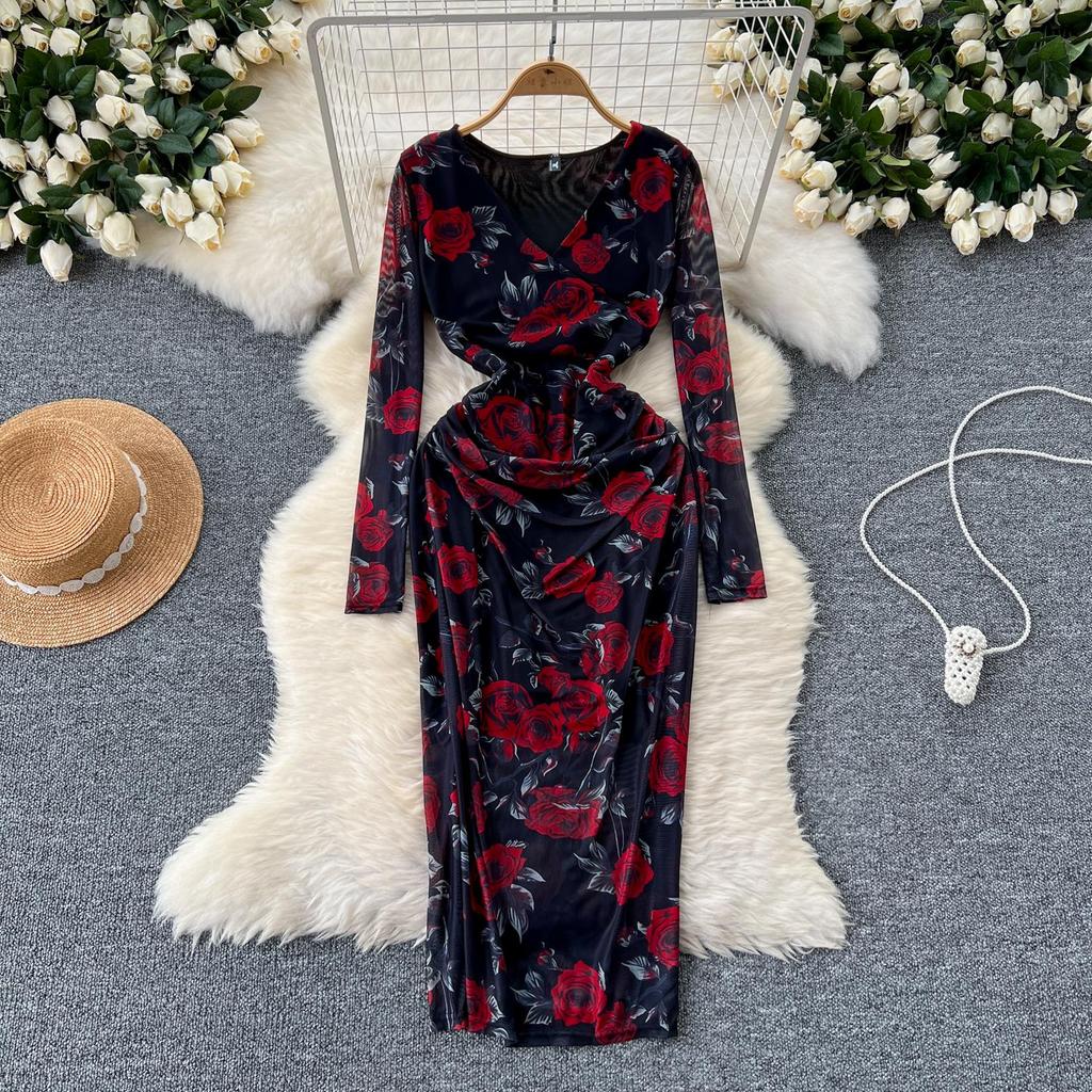 Neu Frühling Sommer Sexy Aushöhlen Mesh Langarm Kleid Frauen Elegante V-ausschnitt Floral Print Schlank Midi