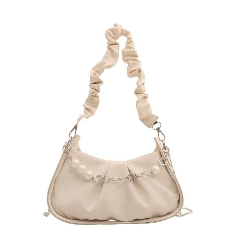 PU Leather Cloud Shoulder Bag Korean Style Pleated Handbag Pearl Chain Crossbody Bag  Office Worker