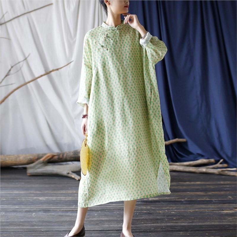 Johnature Women Green Ramie Chinese Style Dress Stand Long Sleeve Print Floral A-Line Dress Autumn Button Vintage Dress