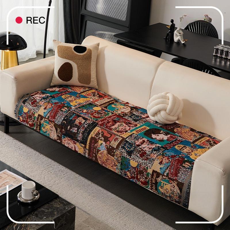 Cartoon Sofa Cushion Seat Cushion Retro Alley Colored Sofa Towel One Piece Sofa Cover Autumn And Winter Non-Slip Sofa Cover